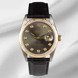 ROLEX DATEJUST 36MM YELLOW GOLD FLUTED GREY DIAMOND DIAL LEATHER BAND WATCH