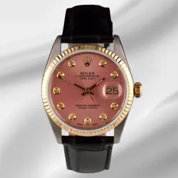 ROLEX DATEJUST 36MM YELLOW GOLD FLUTED PINK DIAMOND DIAL LEATHER BAND WATCH