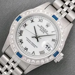 ROLEX LADY DATEJUST STEEL AND 18K GOLD WHITE ROMAN DIAL SAPPHIRE BEZEL WATCH