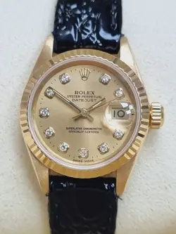 ROLEX DATEJUST 69178 18K YELLOW GOLD CHAMPAGNE DIAMOND DIAL BLACK LEATHER STRAP