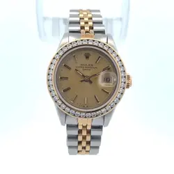ROLEX DATE 26MM TWO-TONE 18KYG/SS CHAMPAGNE DIAL CUSTOM DIAMOND BEZEL 69173