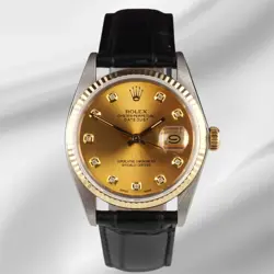 ROLEX DATEJUST 36MM YELLOW GOLD FLUTED GOLD DIAMOND DIAL LEATHER BAND WATCH
