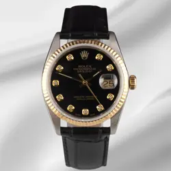 ROLEX DATEJUST 36MM YELLOW GOLD FLUTED BLACK DIAMOND DIAL LEATHER BAND WATCH