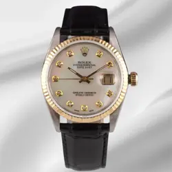 ROLEX DATEJUST 36MM YELLOW GOLD FLUTED WHITE MOP DIAMOND DIAL LEATHER BAND WATCH