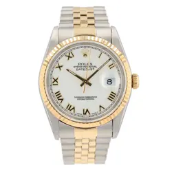 ROLEX MENS DATEJUST 18KY & STEEL WATCH WHITE ROMAN FLUTED JUBILEE BAND 16233