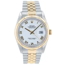 ROLEX DATEJUST MENS 18KY & SS 16233 WHITE ROMAN DIAL FLUTED JUBILEE BAND JUBILEE