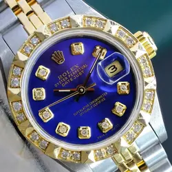 ~ROLEX LADIES DATEJUST GOLD & STEEL WATCH BLUE DIAL DIAMOND BEZEL 26MM 69173