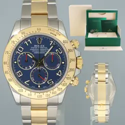 2015 MINT ROLEX DAYTONA 116523 BLUE ARABIC RED STEEL YELLOW GOLD TWO TONE WATCH