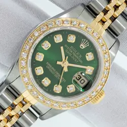 ROLEX LADY DATEJUST GREEN DIAMOND DIAL - STEEL AND 18K GOLD DIAMOND BEZEL WATCH