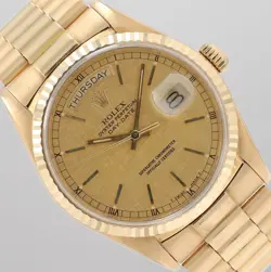ROLEX MENS DAY-DATE 36MM 18KY GOLD CHAMPAGNE LINEN DIAL FLUTED PRESIDENT 18038