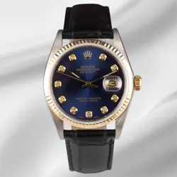 ROLEX DATEJUST 36MM YELLOW GOLD FLUTED DARK BLUE DIAMOND DIAL LEATHER BAND WATCH