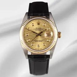 ROLEX DATEJUST 36MM YELLOW GOLD FLUTED MOTIF DIAMOND DIAL LEATHER BAND WATCH