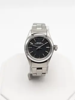 ESTATE $7000 ROLEX OYSTER PERPETUAL SS LADIES BLACK DIAL WATCH SERVICED