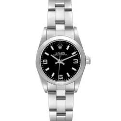ROLEX OYSTER PERPETUAL BLACK DIAL SMOOTH BEZEL STEEL LADIES WATCH 76080