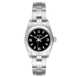ROLEX OYSTER PERPETUAL BLACK DIAL SMOOTH BEZEL STEEL LADIES WATCH 76080