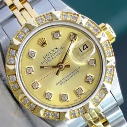 ~ROLEX LADIES DATEJUST TWO TONE CHAMPAGNE DIAL DIAMOND BEZEL 26MM WATCH 69173