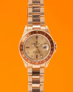 ROLEX GMT-MASTER II 16718 VINTAGE YELLOW GOLD SULTAN RUBY SERTI DIAL 1999