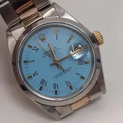 ROLEX DATE 34 MM TWO TONE BLUE TURQUOISE OYSTER AUTOMATIC WATCH 1500