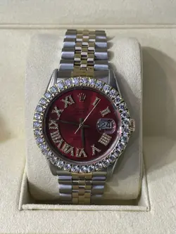 16233ROLEX DATEJUST  36MM TWOTONE WATCH RED DIAMOND DIAL & BEZEL JUBILEE BAND