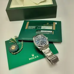 W/Box Papers 2015 Rolex Oyster Perpetual Steel Automatic 34 mm Blue Watch 114200