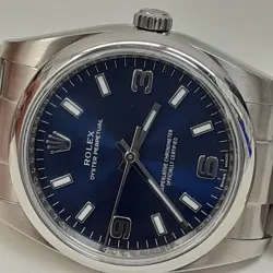 W/Box Papers 2015 Rolex Oyster Perpetual Steel Automatic 34 mm Blue Watch 114200