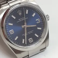 W/Box Papers 2015 Rolex Oyster Perpetual Steel Automatic 34 mm Blue Watch 114200