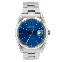 ROLEX DATE UNISEX WATCH BLUE INDEX DIAL SMOOTH BEZEL OYSTER BAND 34MM