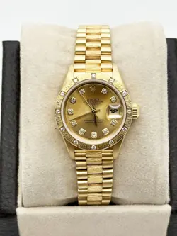 Rolex Ladies President Datejust 69288 Champagne Diamond Dial Bezel Bark 18K Gold