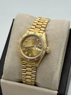 Rolex Ladies President Datejust 69288 Champagne Diamond Dial Bezel Bark 18K Gold