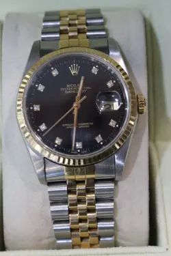 ROLEX DATEJUST 16233 18K YELLOW GOLD & SS 2-TONE BLACK DIAMOND DIAL WATCH