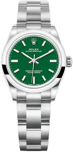ROLEX OYSTER PERPETUAL 31 277200, STAINLESS STEEL, GREEN DIAL, BOX & PAPERS