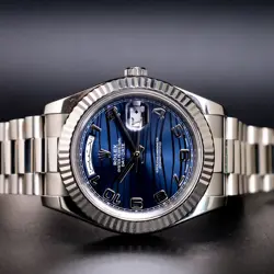 Rolex Day Date II President Blue Wave Arabic 18kt White Gold Fluted Bezel 218239