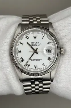 ROLEX DATEJUST 36MM MODEL 16220 STEEL WATCH WHITE ROMAN DIAL