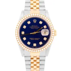 ROLEX DATEJUST 36MM BLUE DIAMOND 18K YELLOW GOLD JUBILEE STEEL WATCH 16233
