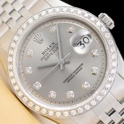 ROLEX MENS DATEJUST GRAY DIAL 18K GOLD STEEL DIAMOND WATCH W/ ROLEX FOLDED BAND