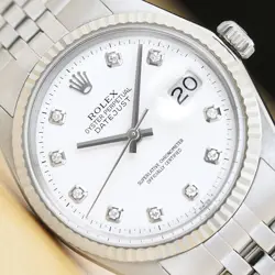ROLEX MENS DATEJUST WHITE DIAMOND DIAL 18K WHITE GOLD STEEL WATCH W/ FOLDED BAND