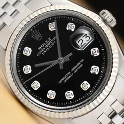 ROLEX MENS DATEJUST BLACK DIAMOND DIAL 18K GOLD STEEL WATCH W/ FOLDED BAND