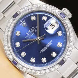 ROLEX MENS DATEJUST BLUE DIAL 18K WHITE GOLD STEEL DIAMOND SAPPHIRE WATCH