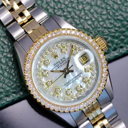 ROLEX LADIES DATEJUST GOLD & STEEL WHITE MOP DIAL DIAMOND BEZEL 26MM WATCH
