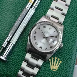 ROLEX DATEJUST 16220 GRAY ROMAN DIAL 36MM STAINLESS STEEL ENGINE-TURNED BEZEL