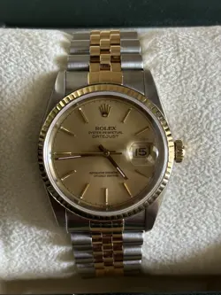 ROLEX MENS DATEJUST 16233 18K YELLOW GOLD & STEEL CHAMPAGNE DIAL 36MM WATCH