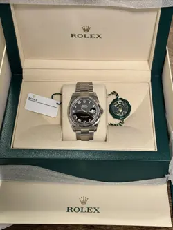 ROLEX DATEJUST STAINLESS STEEL FLUTED BEZEL & BLACK ROMAN DIAL OYSTER BRACELET