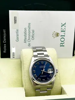 ROLEX 16200 DATEJUST BLUE ROMAN DIAL STAINLESS STEEL BOX PAPER 2004