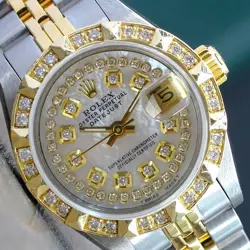 ROLEX LADIES DATEJUST 18KY & SS WHITE MOP DIAL DIAMOND BEZEL 26MM WATCH 69173