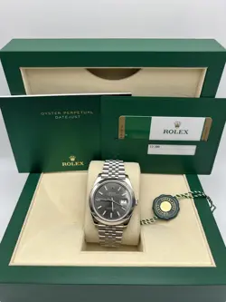 ROLEX DATEJUST 41 126300 RHODIUM INDEX DIAL SMOOTH BEZEL JUBILEE STEEL BOX PAPER