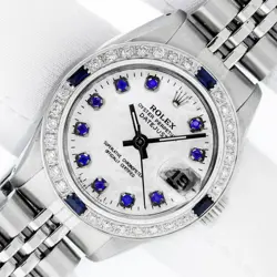 ROLEX WOMEN'S DATEJUST STEEL AND 18K GOLD WITH MOP SAPPHIRE DIAMOND BEZEL WATCH