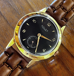 VTG ROLEX 18K GOLD CAPPED BLACK DIAL WINDUP WATCH JUST SERVICED