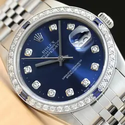 AUTHENTIC MENS ROLEX DATEJUST BLUE DIAMOND 18K WHITE GOLD & STEEL WATCH