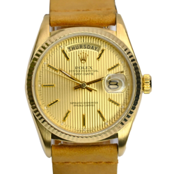 ROLEX DAY-DATE MENS WATCH 18K YELLOW GOLD CHAMPAGNE TAPESTRY DIAL LEATHER BAND