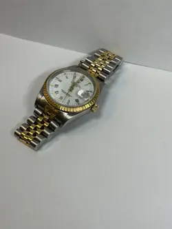 Rolex Date 34mm Two Tone White Roman Watch Model 15053